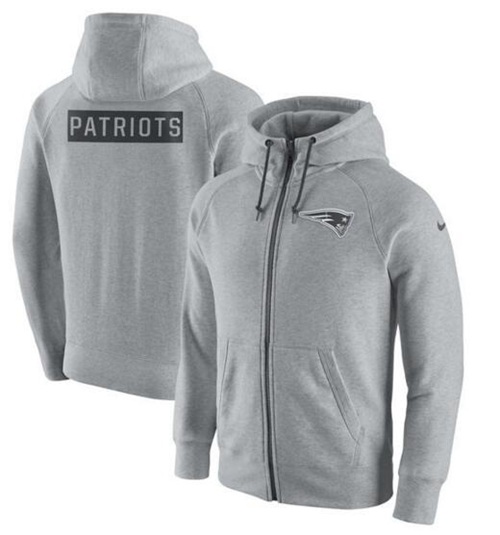 Men's New England Patriots Nike Ash Gridiron Gray 2.0 Full-Zip Hoodie - Click Image to Close